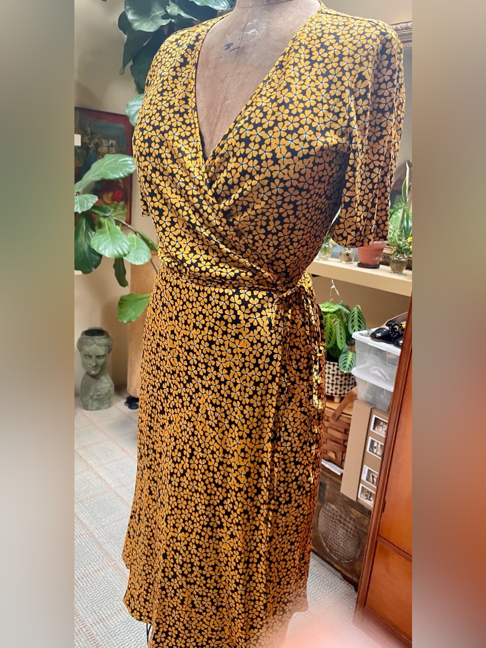 Diane Von Furstenberg Mustard and Black Floral Silk Wrap Dress